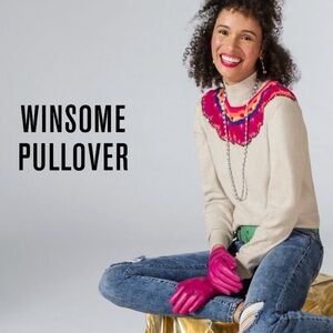 Cabi 4416 Winsome Oatmeal Pink Embroidered Collar Pullover Sweater M LIKE NEW